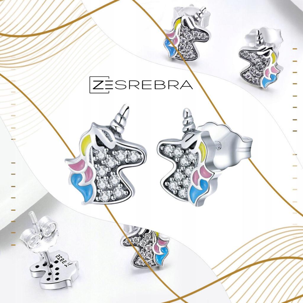 925 Unicorn Earrings, Box, Colorful Zircons, Rainbow
