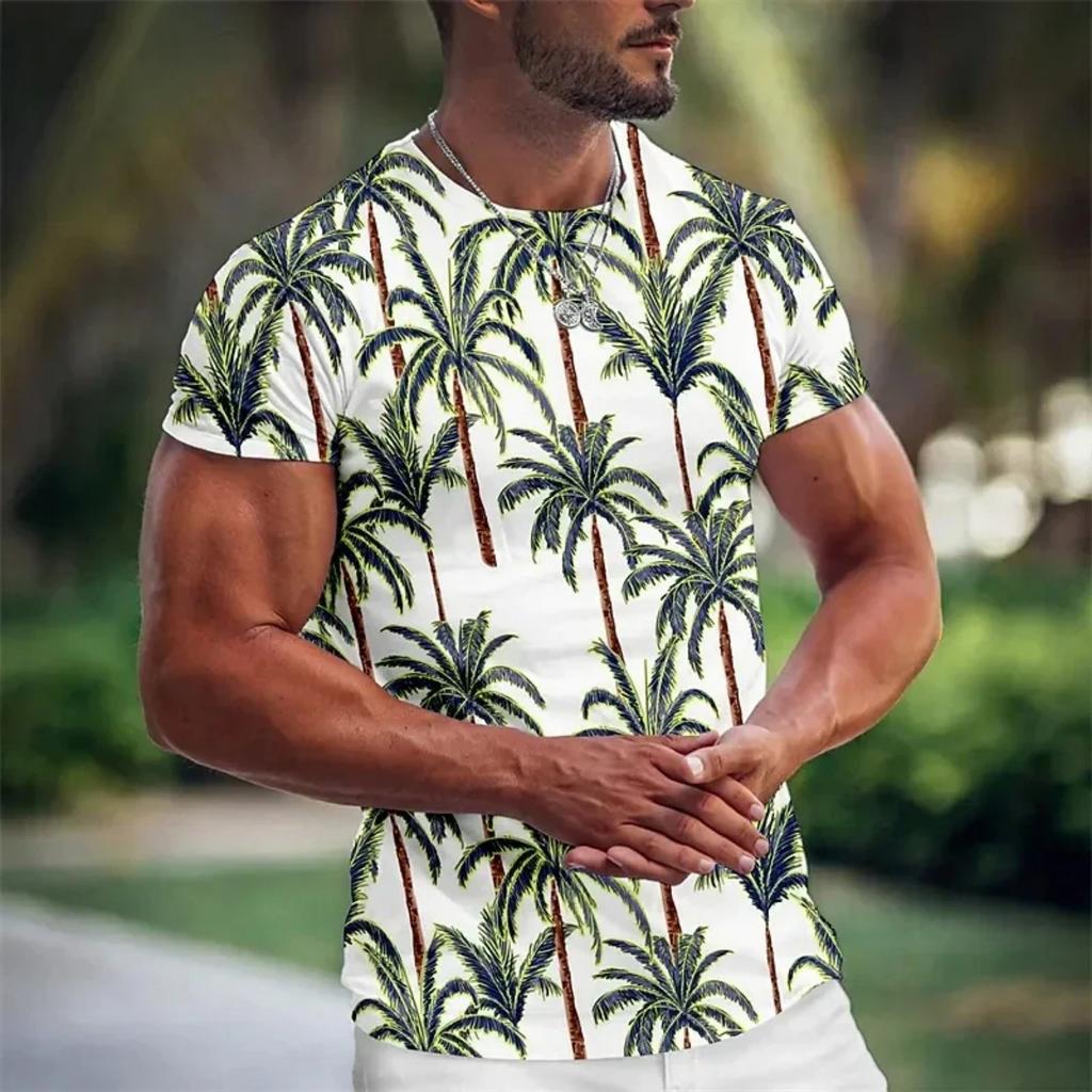 Summer Coconut Tree 3D Printed T-Shirt Streetwear Short Sleeve Round Neck Cool T-Shirt for Men Hawaiian Top
