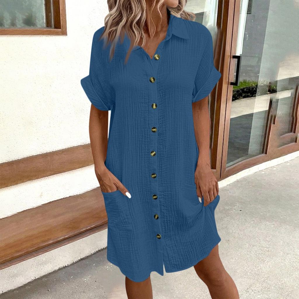 Fashion Women's Summer Casual Short Sleeve V-Neck Button Dress