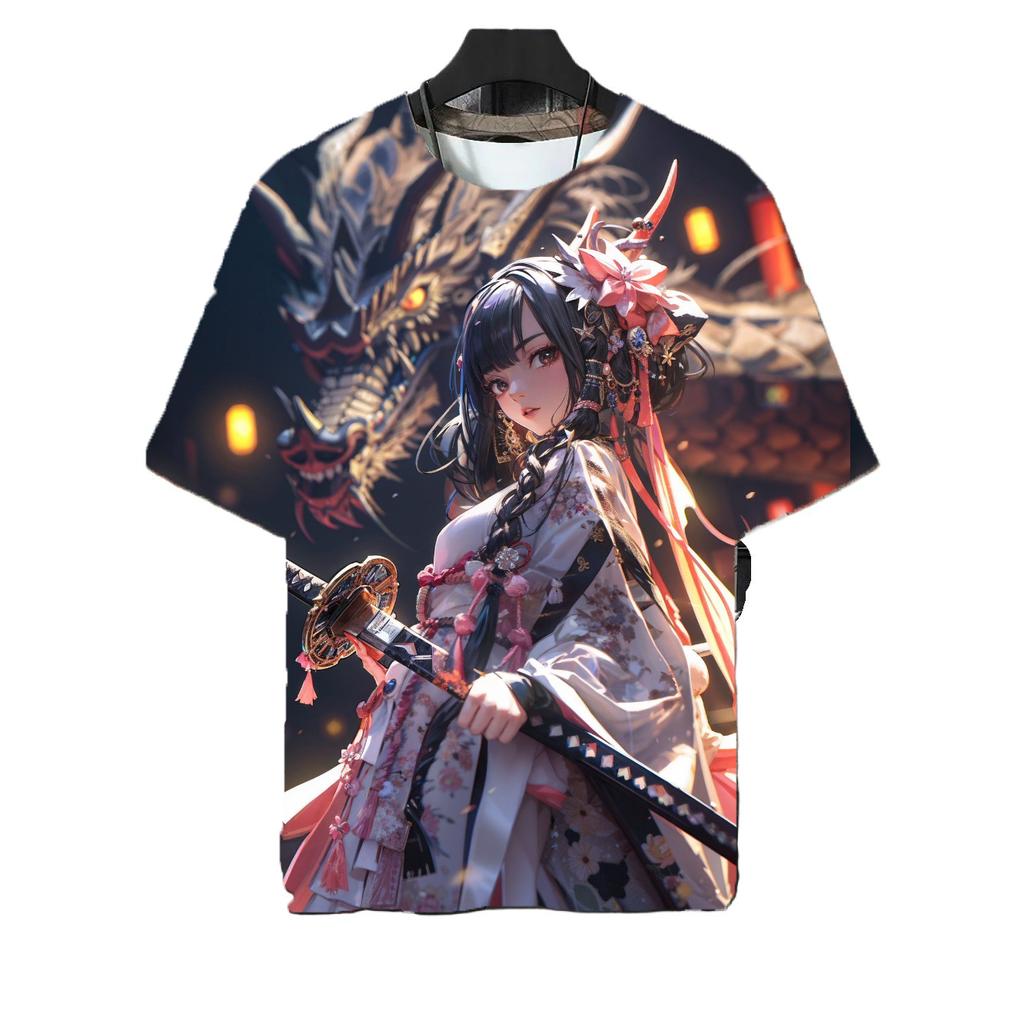Japanese Warrior Katana Girl Tattoo T-shirt Sexy and Beautiful 3D Printed Top Summer Men Harajuku Round Neck Short Sleeved Clothing