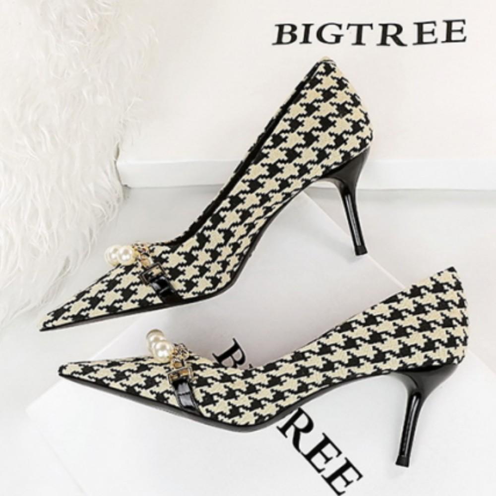 European and American Thin Heel Shallow Mouth Pointed Cloth Plaid Thousand Bird Check Metal Chain Pearl High Heel Shoes