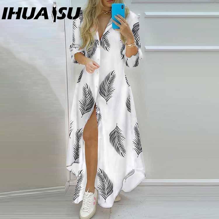 IHUASU Весна Осень Женское Платье-рубашка с принтом «Темперамент» Однобортное Открытое Платье-рубашка Повседневное Длинное Платье