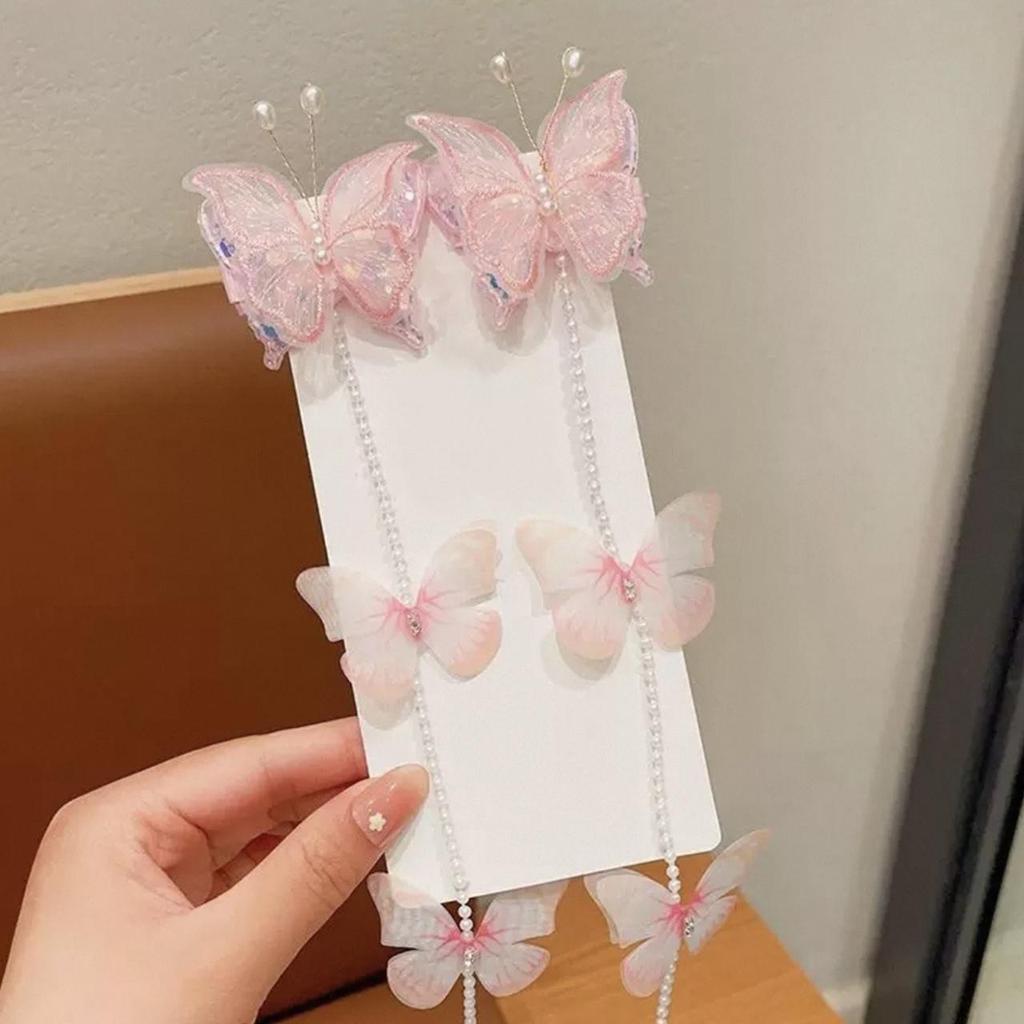 2 шт./набор Заколка для волос в виде бабочки с жемчугом феи, принцесса, кисточка, плетеная цепочка для волос, заколка для волос, милый детский головной убор, детский аксессуар для волос