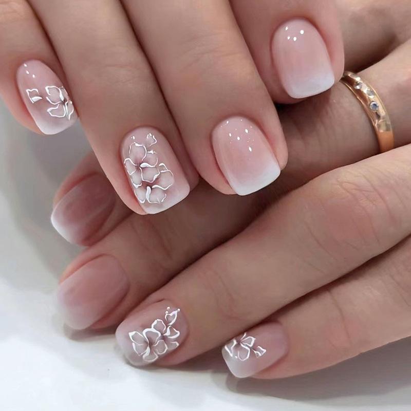 24Pcs Short French Press On Nails Pink Glitter Pearlized Fake Nail Tips Cute Natural Sweet