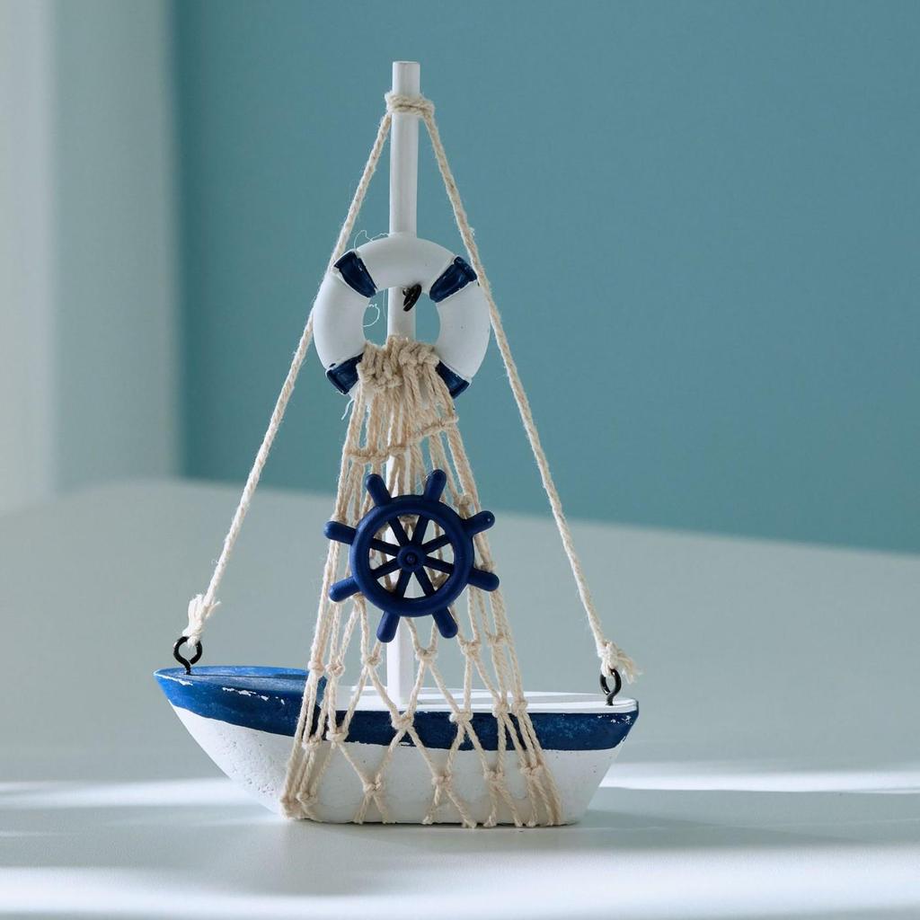 Mediterranean Wooden Sailboat Model with Cotton Rope Net - Mini Desktop Ornament & Photo Prop