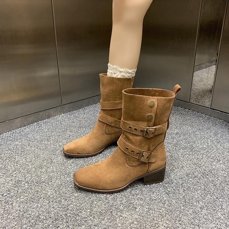 Metallic Belt Buckle Frosted Suede Soft Sole Single Shoes Autumn New Round Toe Soft Sole Non-slip Block Heel Women's Shoes