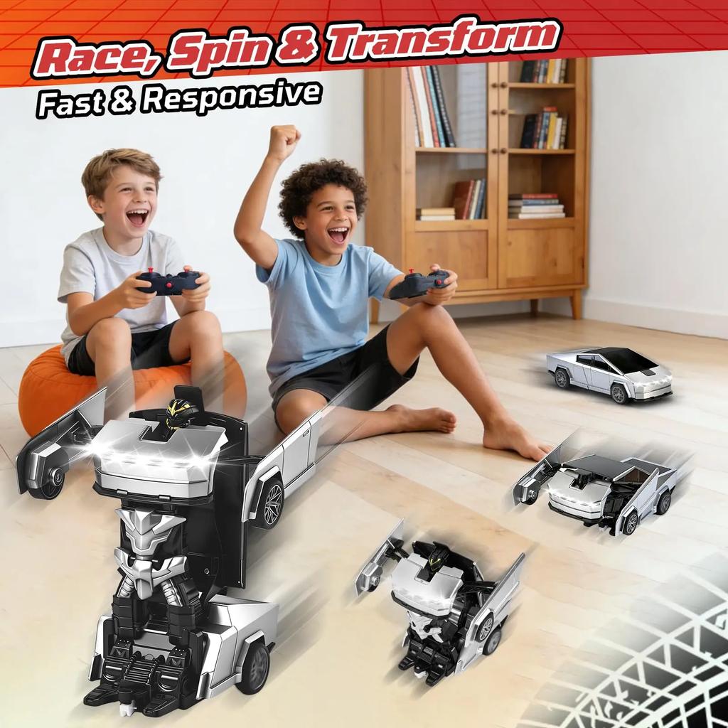 2.4GHz RC Transforming Robot Car Toy 2-in-1 Remote Control Vehicle with LED Lights 360° Spin Drift for Kids Boys Birthday Gift