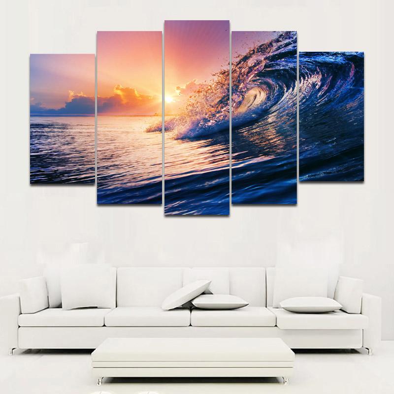 5 панелей, плакаты с морским пляжем, принты, морской пейзаж, пейзаж, настенное искусство, холст, картины, волны, восход солнца, фотографии, современный домашний декор, без рамы