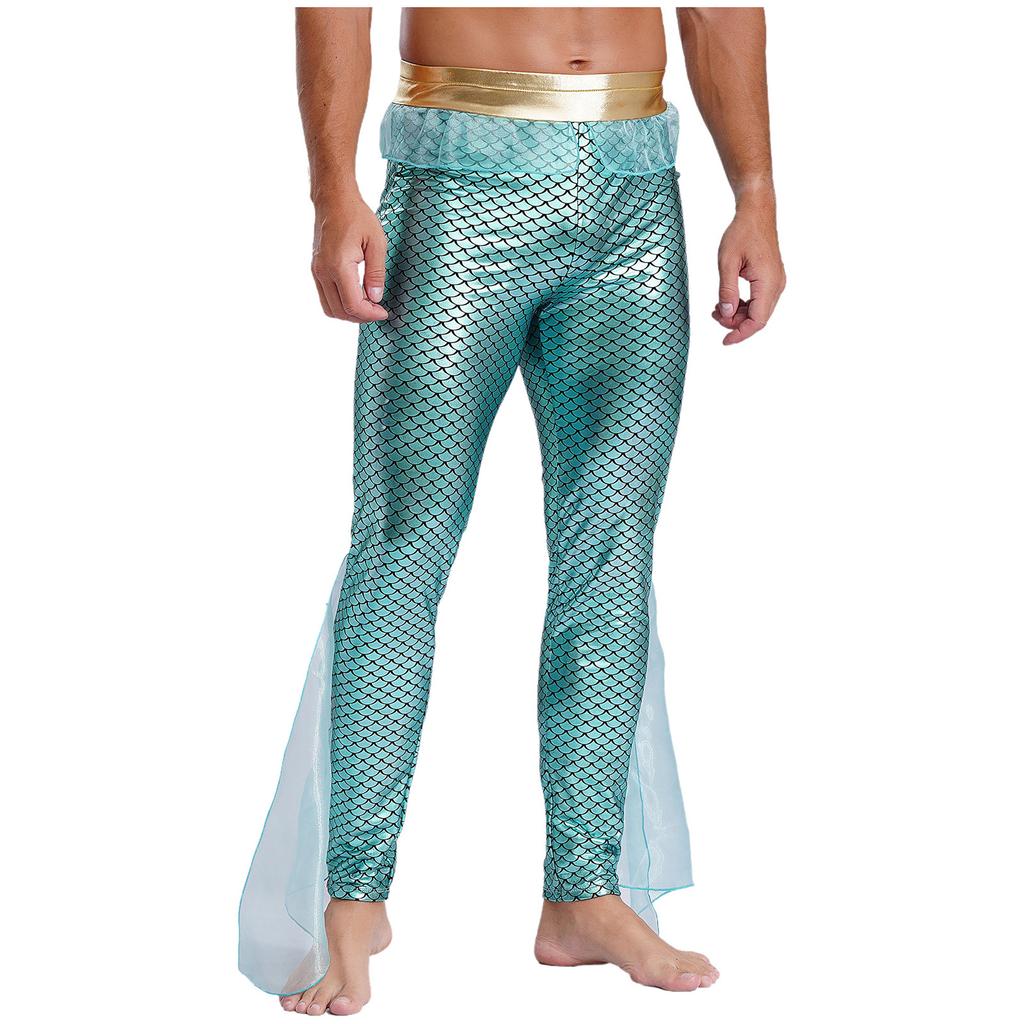 Mens Mermaid Pants King of the Seas Costume Elastic Waist Metallic Shiny Fishscale Print Tights Leggings for Halloween Cosplay