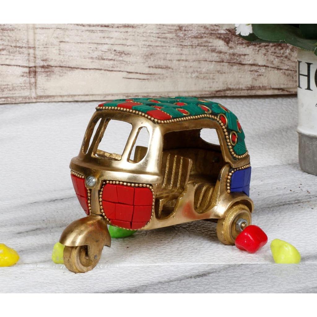 Brass Auto Rickshaw Multicolor Gemstone Handwork Statue Home Decor Fantasy Showpiece Gift.,7.6 X 6.4 Cm