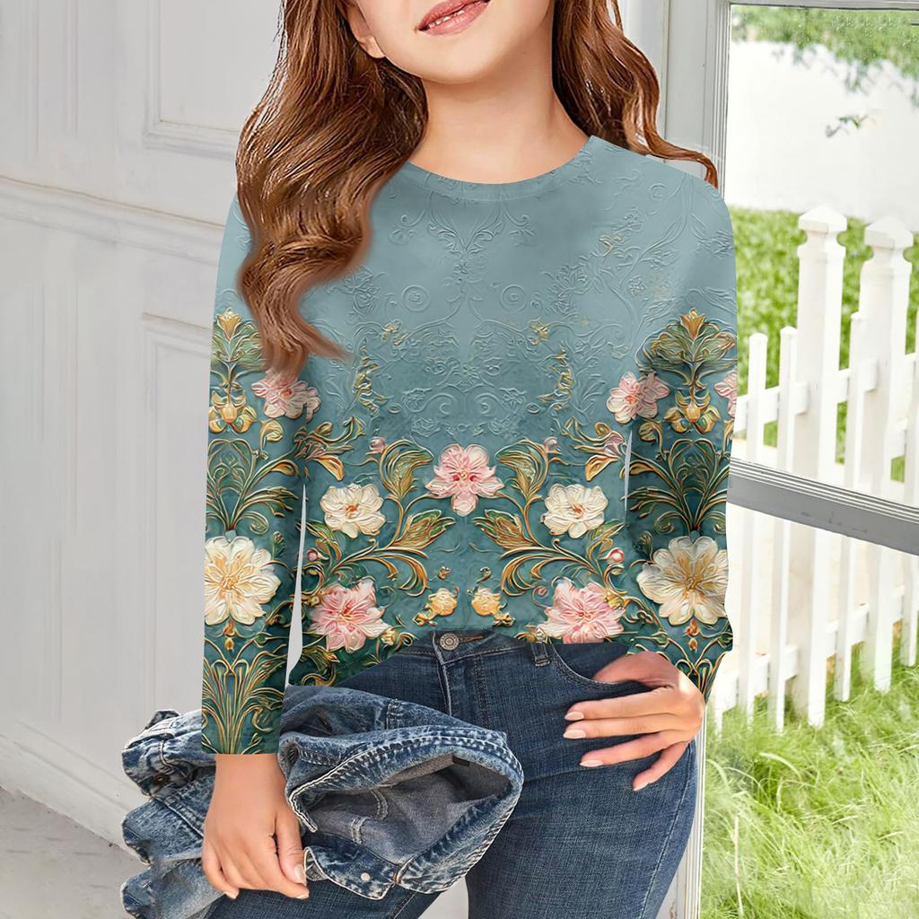 Girls Long Sleeve T Shirts Kids Fall Tops Crewneck Printed Basic Tees