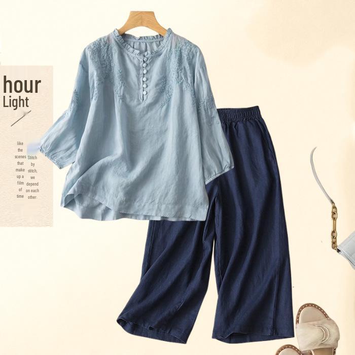 Винтажный комплект из хлопка и льна с вышивкой в стиле Юго-Восточной Азии: Рубашка с рукавом семь восьмых и брюки широкого кроя