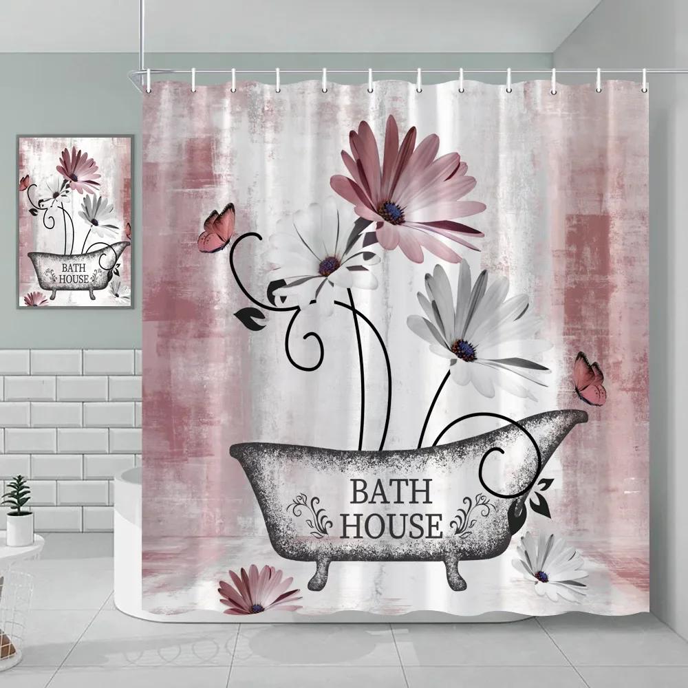 Watercolor Floral Shower Curtain Wooden Butterfly Daisy Rustic Blue Flower Farmhouse Wooden Vintage Farm Bathroom Decoration
