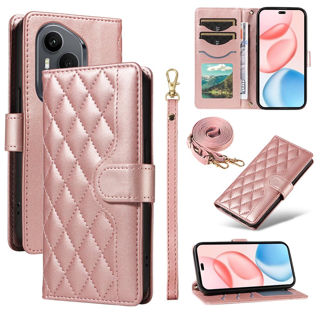 Для Honor 400 Pro 5G (Глобальный) Чехол-кошелек Ромбовидный кожаный чехол для телефона с ремешком