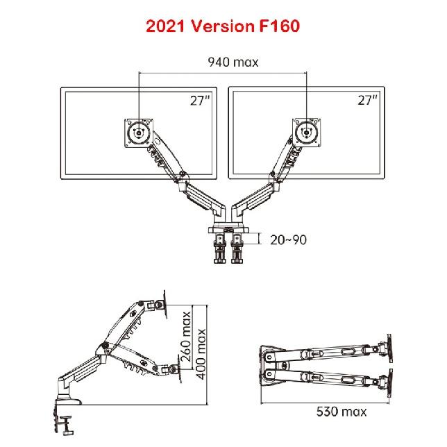 Настольный NB F160 + FP-2 с газовой пружиной, двойной кронштейн для держателя монитора 17–27 дюймов + поддержка ноутбука 10–17 дюймов, пневматическое прессовое крепление, подставка, нагрузка 2–9 кг