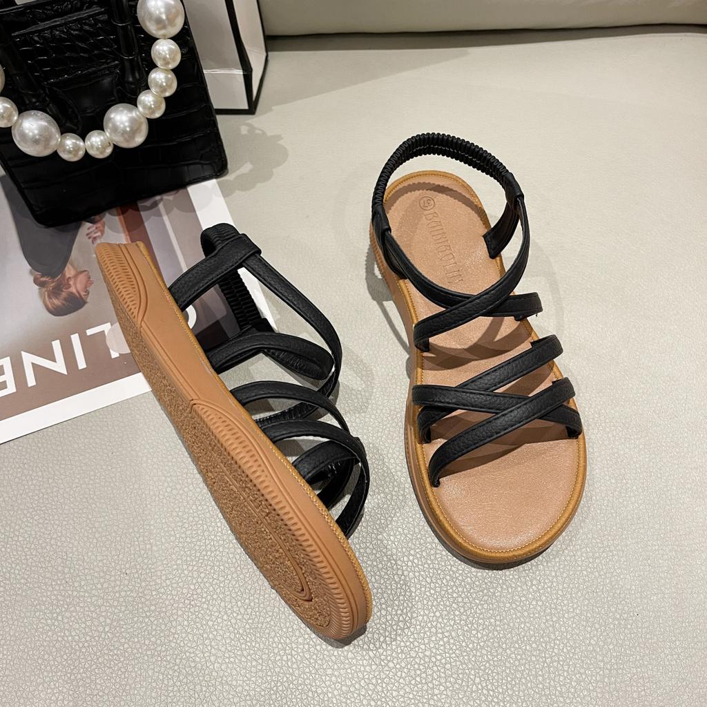 Roman Sandals Women Flat Elastic Soft Bottom Summer Sandals Ladies Cross Strap Outwear Sandals