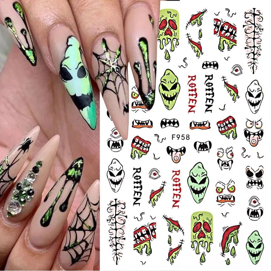 Cute Halloween Evil Nail Design Sticker Green Cartoon Skull Ghost Spooky 3D Punk Manicure Slider Decals DIY Nail Art