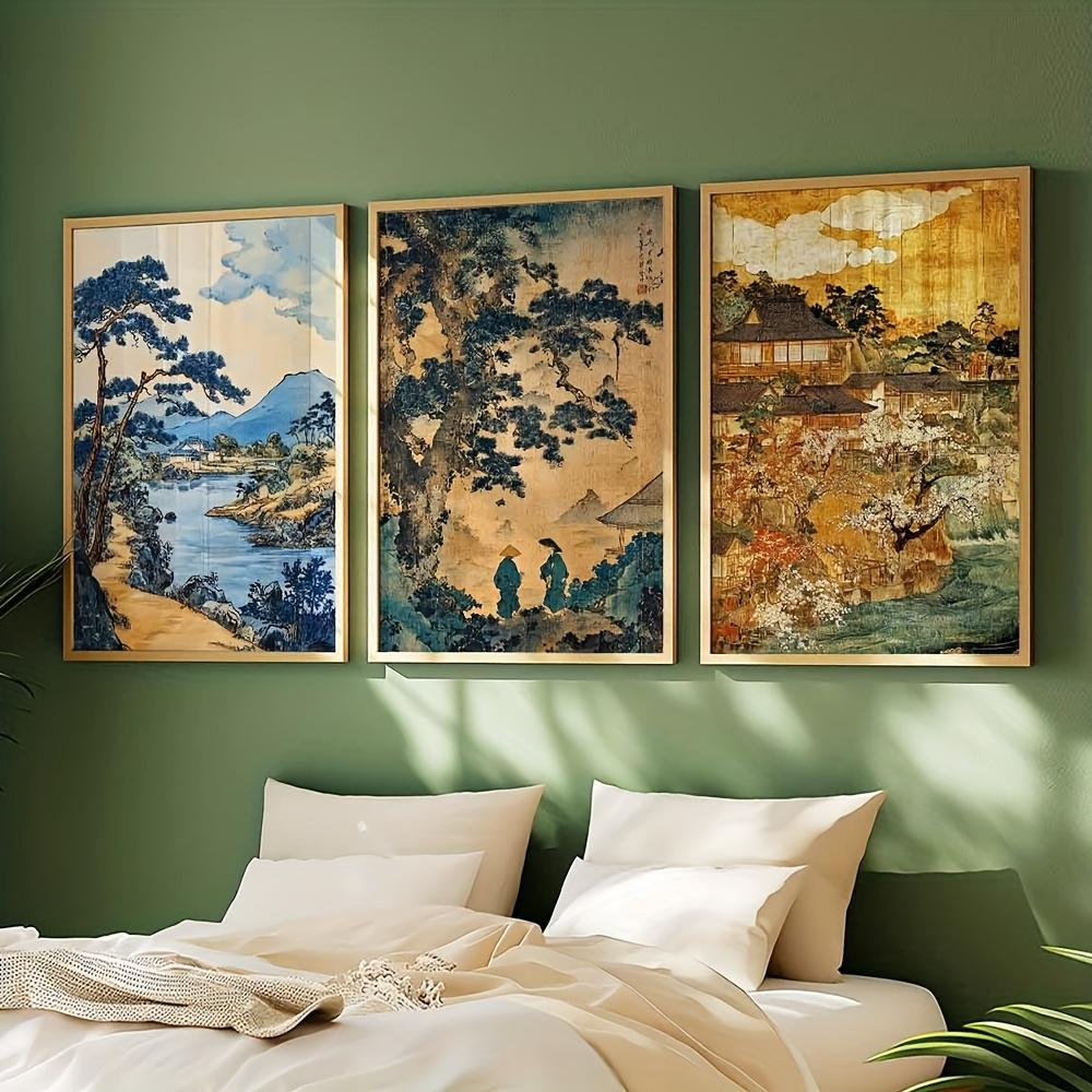 3pcs Japan Kyoto Mountain and Tree Landscape Canvas Kyoto Tourism Art Wall Art Prints for Modern Living Room Bedroom Home Decor