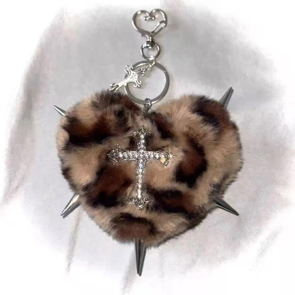 Bag Decoration Rivet Cross Keychain Rock Heart Punk Jewelry Leopard Print Keyring  Jewelry Gift