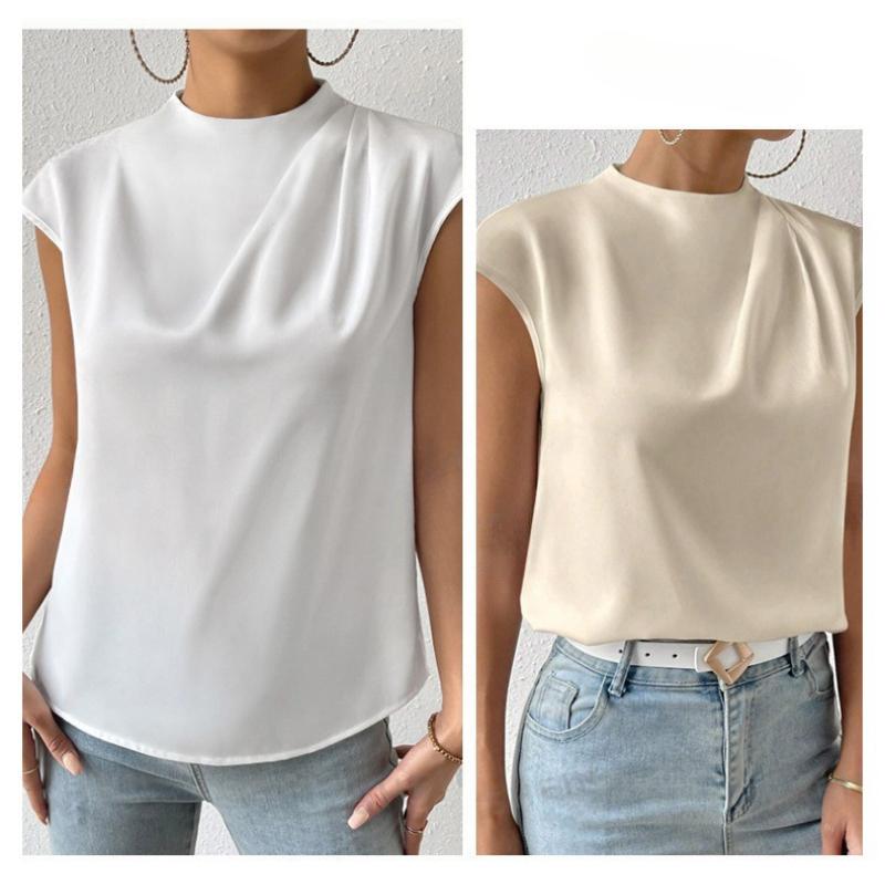 Модные свободные повседневные рубашки без рукавов для женщин, летние топы, элегантные однотонные свободные женские блузки с воротником-стойкой, простые облегающие офисные женские рубашки 26395