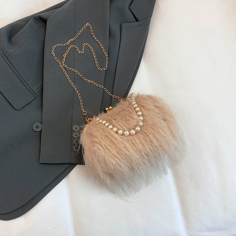 Furry Crossbody Bag with Pearl Handle Fashion Chain Plush Shoulder Bags for Women Soft Faux Fur Evening Party Purse