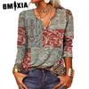 Women's Fashion Casual Autumn Winter Solid Color Print Long Sleeve V-Neck Loose Blouses & Shirts