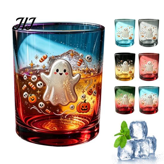 Cute Ghost Drinking Glasses Halloween Glass Cup, Colorful Gradient Aesthetic Tumbler with Whiskey Juice Soda Pumpkin Skull Print, Spooky Party