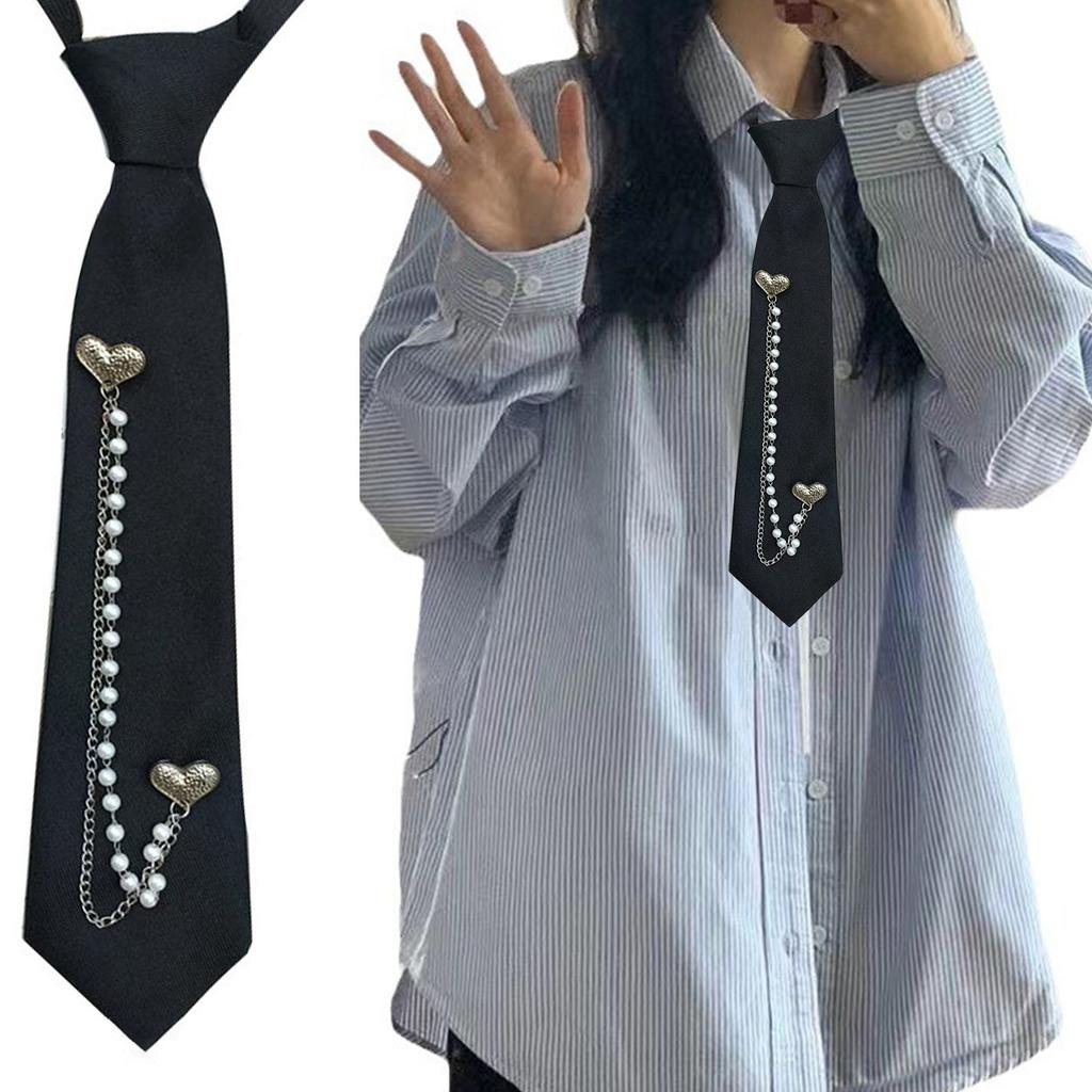 Punk Heart Pearls Beads Chain Tie for School Campus Uniform Adjustable Pre Tied Black Necktie for Students Teens Adults