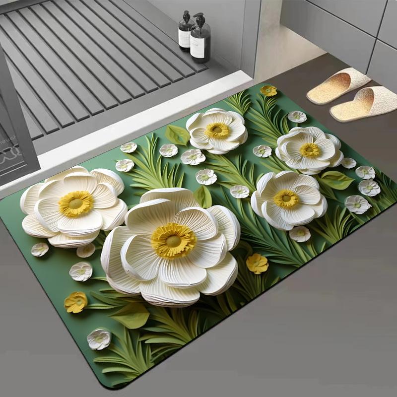 Green Flower Flat Surface Household Bathroom Toilet Absorbent Diatom Mud Floor Mat Non-slip Foot Mat Quick Dry Naked Eye 3D Floor Mat
