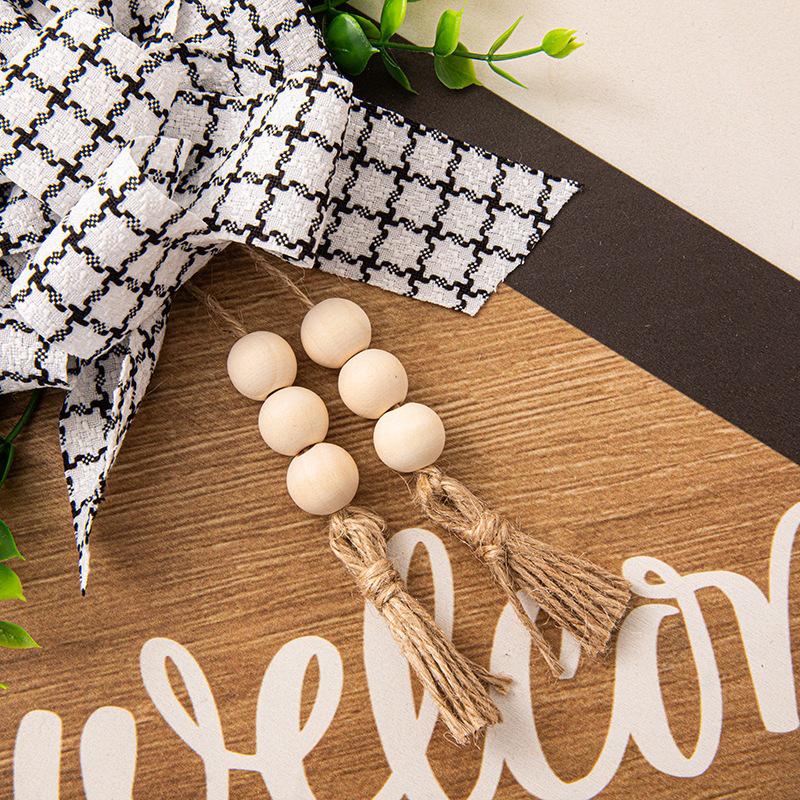 Pastoral Welcome Door Hanging: Wooden Plate with Artificial Plants, Beaded Tassel, and Bow Knot