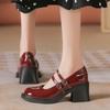 Spring and Autumn Women Shoes Small Leather Shoes Mary Jane Patent Leather Round Head Thick Heel Buckle Strap Single Shoes 2024
