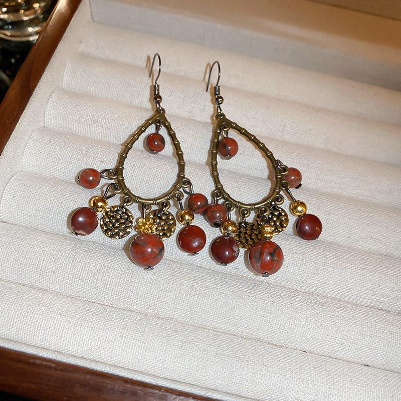 Silver needle dripping oil water drop fringed earrings antique literary and versatile earrings new Chinese retro temperament earrings women