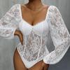 Autumn Women's Lace Splicing Long Sleeve Solid Bodysuit
