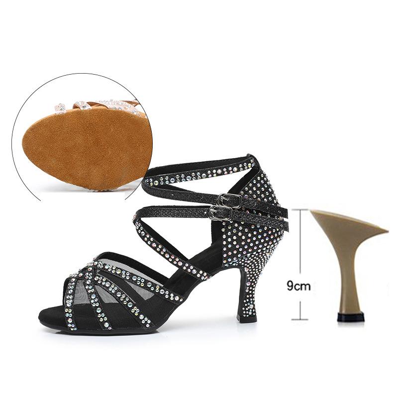 Летние женские туфли на высоком каблуке для латинских танцев, танцевальная обувь для латиноамериканских танцев сальса, черные блестящие туфли для бальных танцев для девочек и женщин