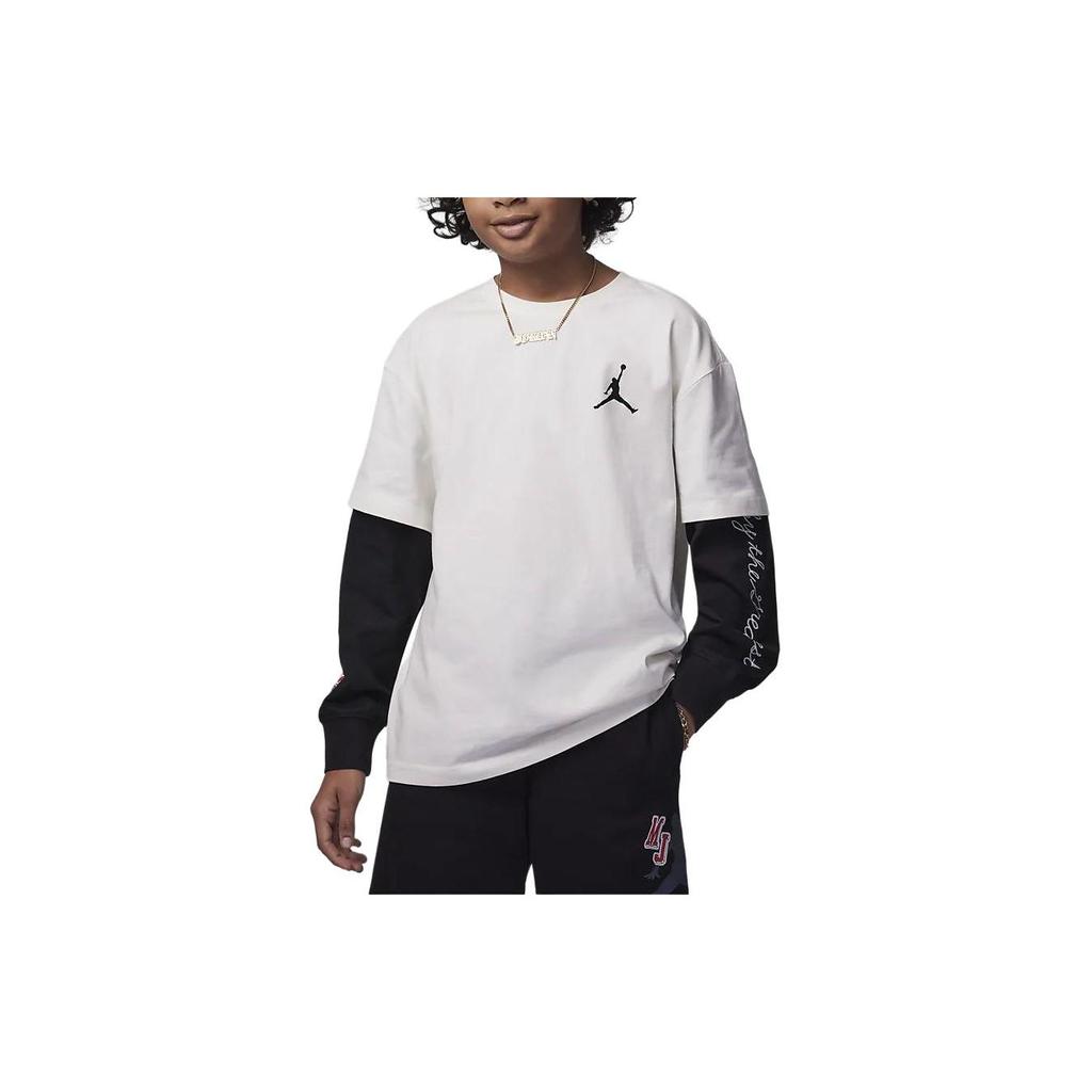 Jordan Stitch Patch Logo Round Neck Fake Two-Piece Long Sleeve Printed T-Shirt Kids Tops White HF2312-133