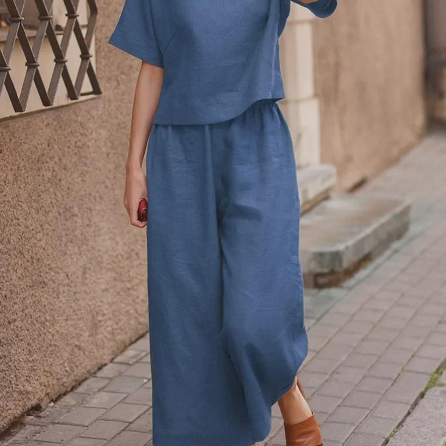 2023 International Solid Color Short-Sleeve Two-Piece Suit - Women's Elegant Commuting Outfit