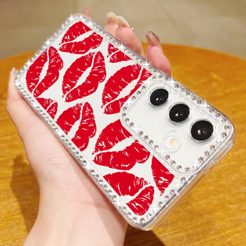 Мягкий силиконовый чехол с принтом в виде губ и ромбовидной рамкой для Samsung S25 Edge S24 FE S23 Ultra S22 A16 A56 A36 A15 A55 A35, прозрачный противоударный чехол для телефона