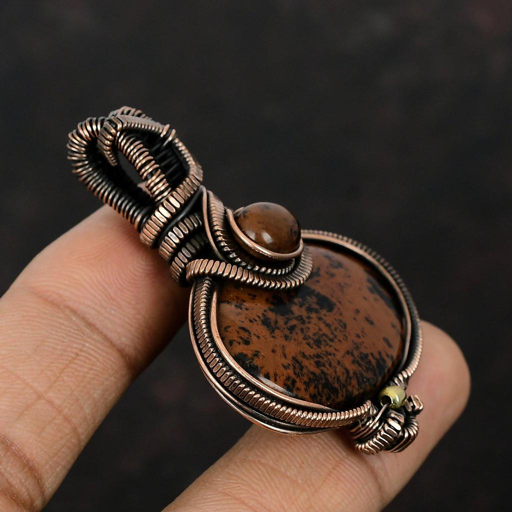 Кулон из махагонового обсидиана, кулон, обернутый медной проволокой, драгоценный камень, медные украшения, дизайнерский кулон ручной работы, украшения, обернутые проволокой, подарок для матери