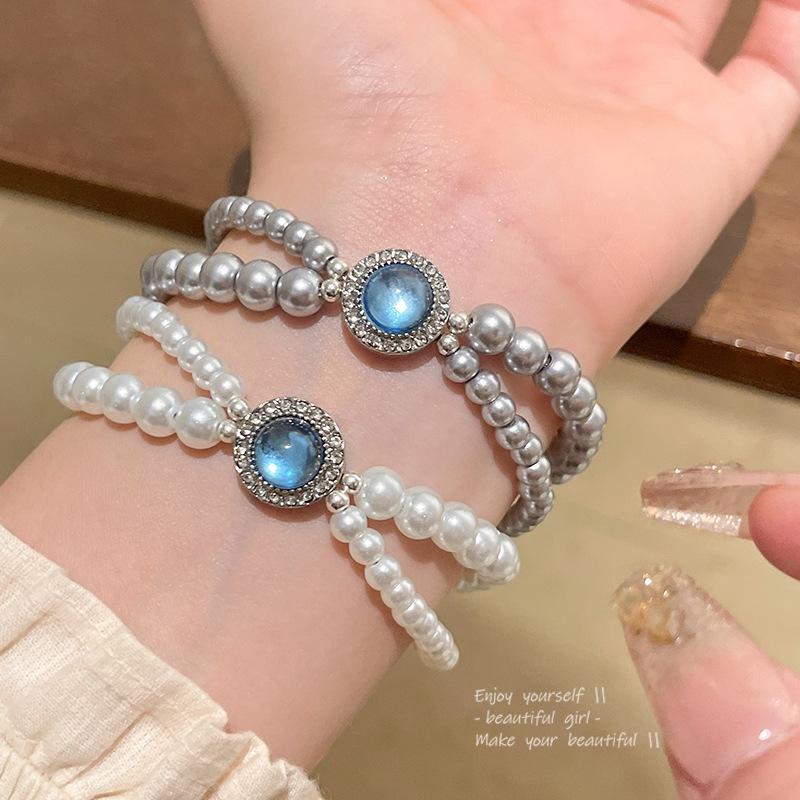 Корейский браслет Dreamy Blue Zircon & Pearl для женщин - Элегантный дизайн креста