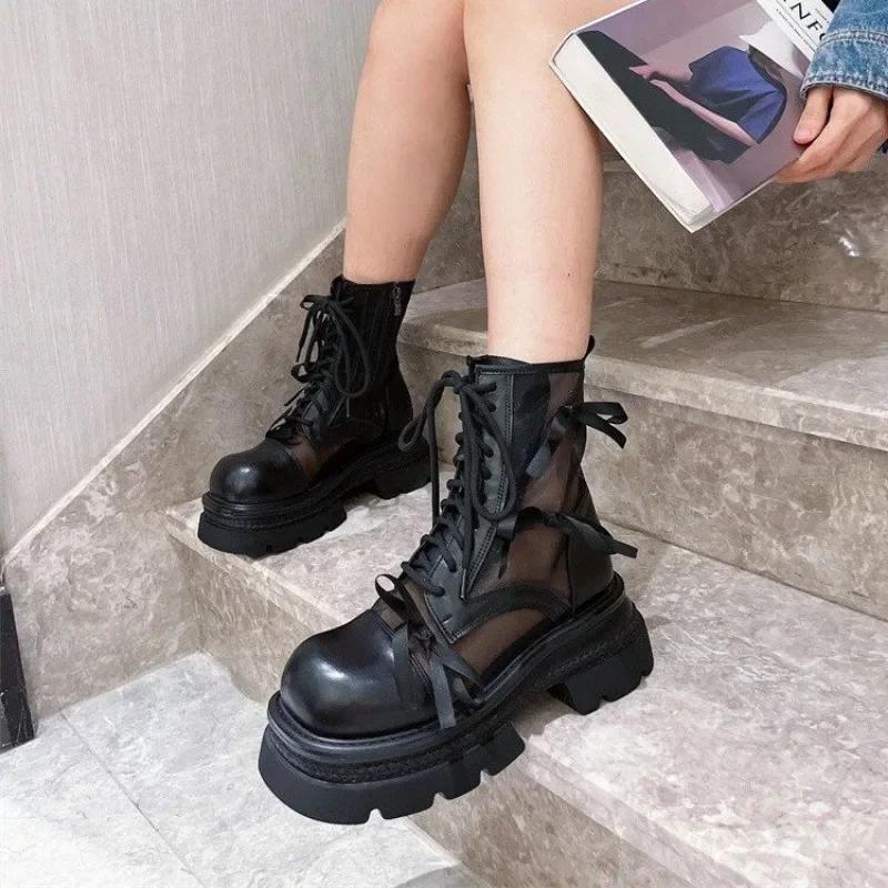 Модные летние дышащие сандалии на платформе, ботинки на толстой подошве, женские ботинки с боковой молнией, увеличивающие рост, спортивные босоножки до середины голени