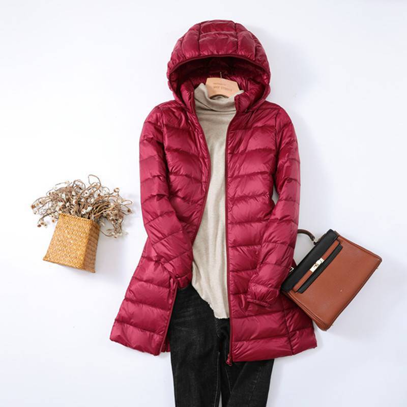 Упитанный пуховик больших размеров на осень и зиму, легкий и тонкий пуховик для женщин средней и длинной длины 100кг жира мм отстегивающаяся шапка, легкая куртка.