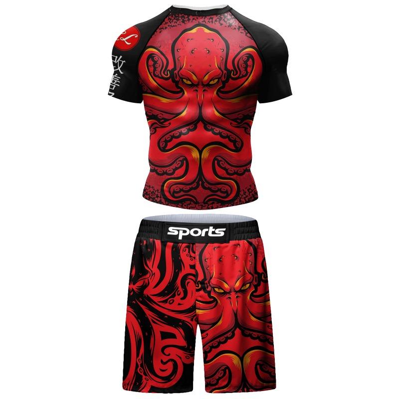 2 шт. Спортивный костюм Bjj Jiu Jitsu Gi Рашгард + Шорты MMA Штаны Муай Тай Крутая Одежда для Бокса Борьбы Тренажерного Зала Фитнеса Бега