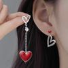 Korean Retro Asymmetric Red Heart Pendant Earring For Women Hollowed Out 925 Silver Needle Stud Earrings Fashion Simple Jewelry
