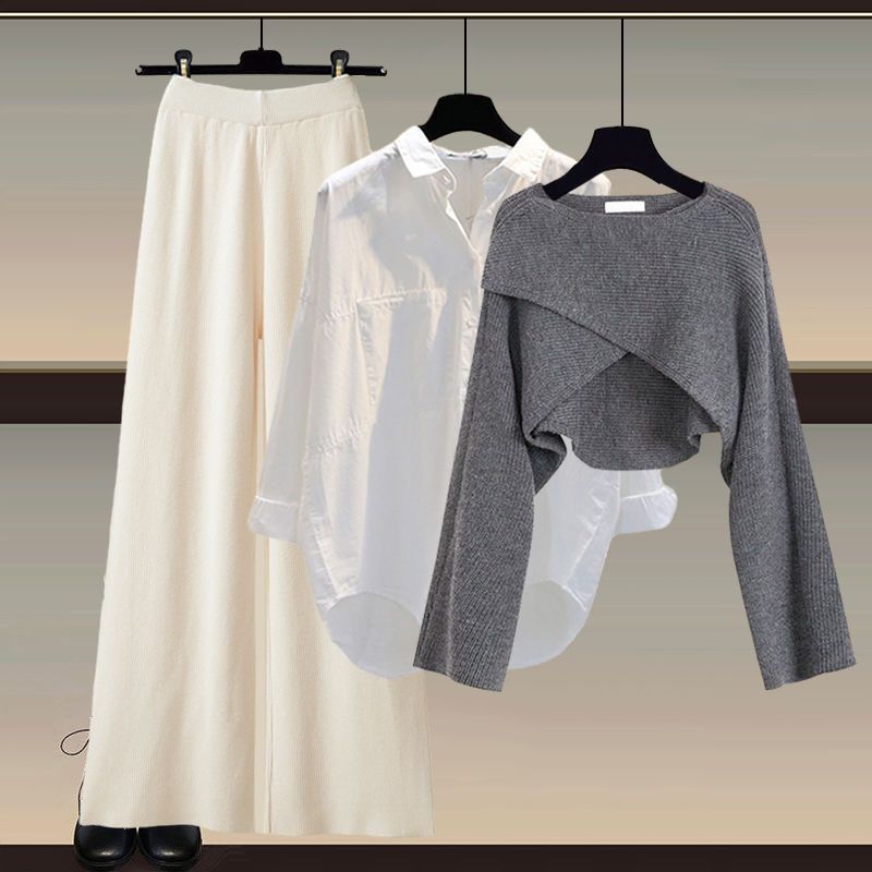 Осенне-зимний женский вязаный свитер, брюки-тройка, свободная блузка, рубашка, свитер и широкие брюки с высокой талией, винтажный повседневный комплект из трех предметов