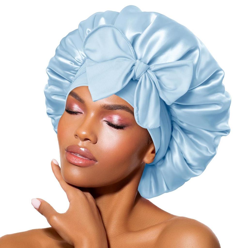 High Elastic Satin Nightcap with Wide Brim & Bow for Salon Hair Care