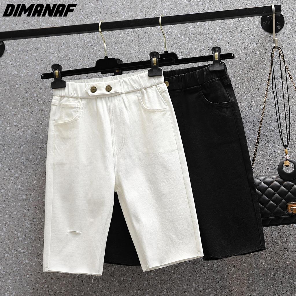 DIMANAF Большие размеры Женские брюки Летние короткие джинсы Джинсы с эластичной резинкой на талии Свободные брюки Базовые шорты с отверстиями и высокой талией
