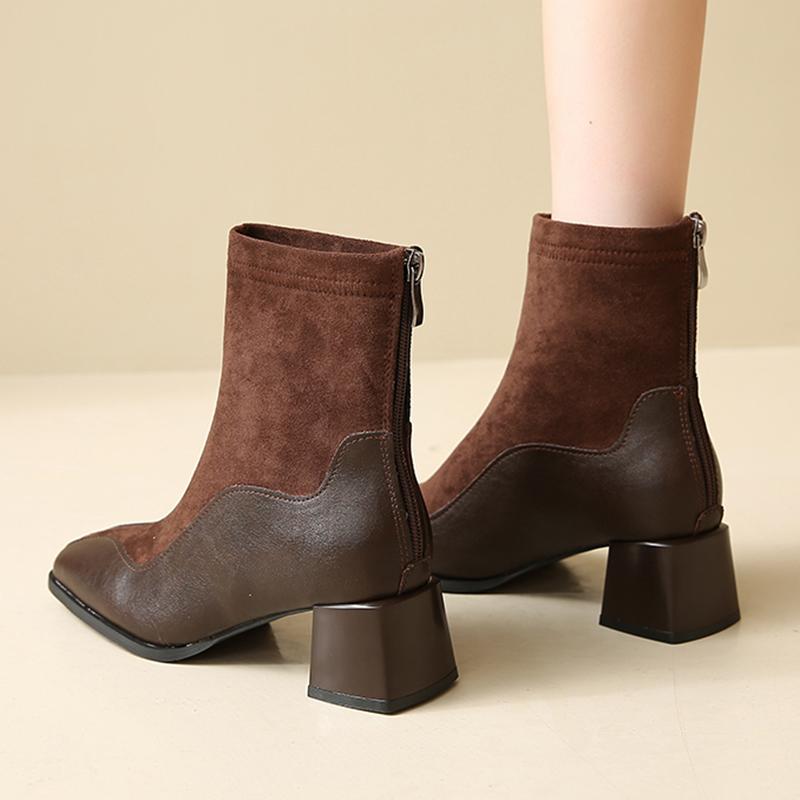 Модные женские ботильоны на толстом каблуке с квадратным носком, короткие сапоги в стиле пэчвок, женские однотонные ботильоны с застежкой-молнией сзади, тренд 2024 года