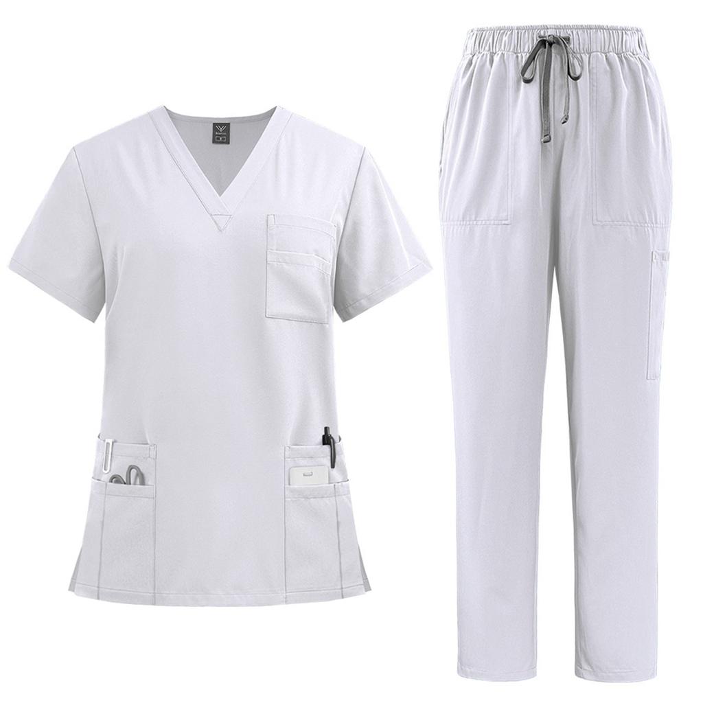 Women's Quick Drying Fabric Solid Color V-neck Pocket Short Sleeved Pants Set Workwear