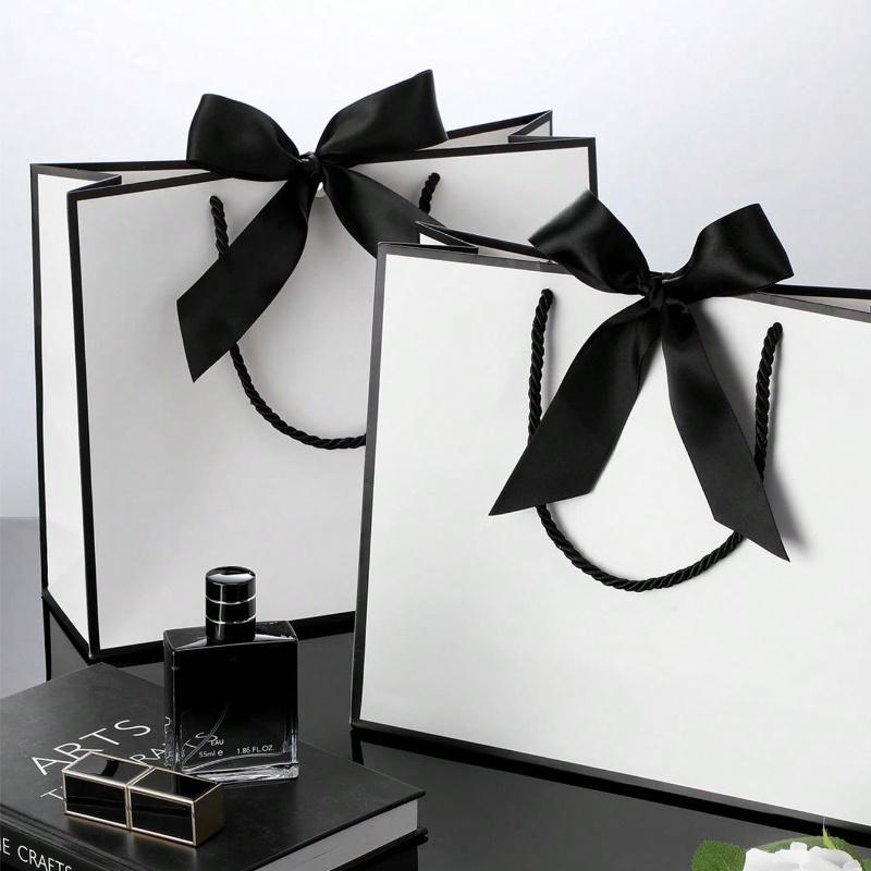 Landscape-Style Kraft Paper Gift Bags, Shopping Bags, Packaging Bags with Handles, Bow-Decorated Handbags, Trick or Treat, Halloween, White