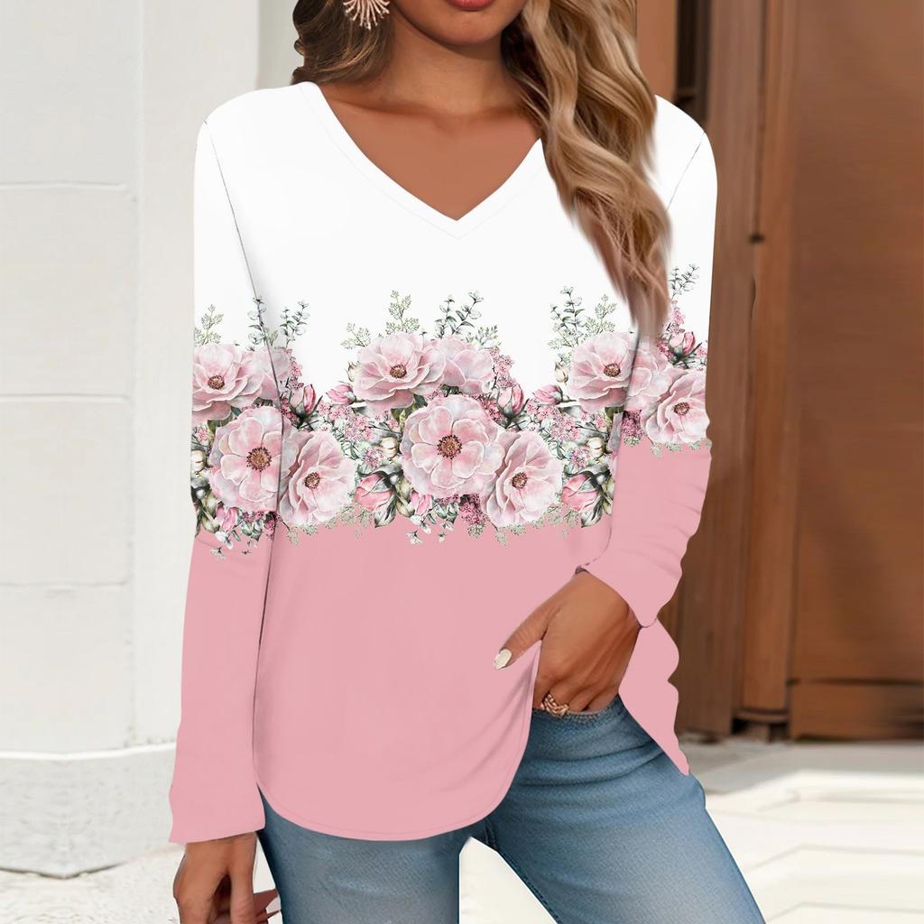 Жен. Футболка Футболка С принтом Длинный рукав Повседневные Выходные Повседневные Классический V-образный вырез Обычный Осень Зима Верхушки